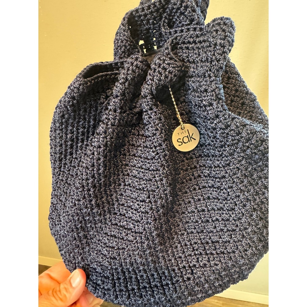 The Sak Crochet Drawstring Bucket Bag Navy Blue Woven Knit Boho Shoulder Handbag